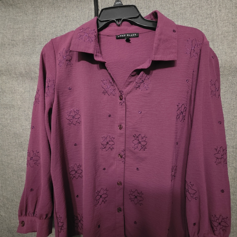 Round Neck Embroidered Button-Up Blouse in Deep Magenta